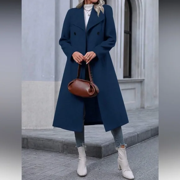 Elegant Blue Double-Breasted Women's Coat